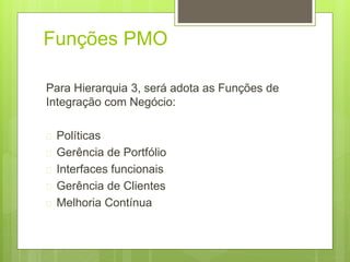 Funções PMO 
Para Hierarquia 3, será adota as Funções de 
Integração com Negócio: 
 Políticas 
 Gerência de Portfólio 
 Interfaces funcionais 
 Gerência de Clientes 
 Melhoria Contínua 
 