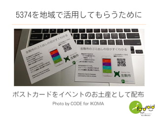 5374を地域で活用してもらうために
ポストカードをイベントのお土産として配布
Photo by CODE for IKOMA
 
