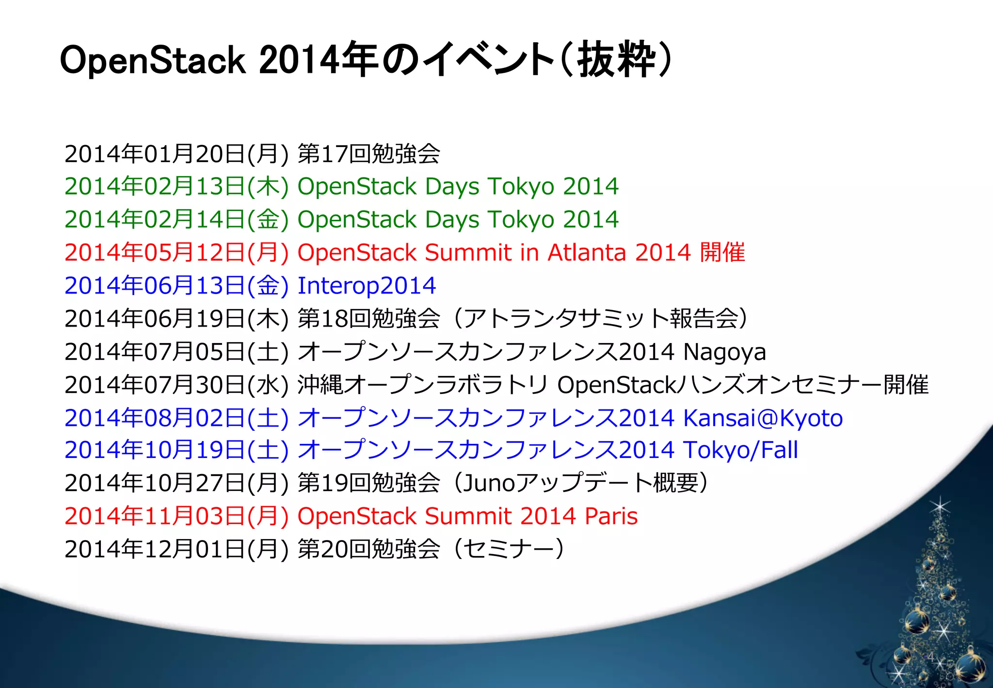 㻻㼜㼑㼚㻿㼠㼍㼏㼗㻌㻞㻜㻝㻠ᖺ䛾䜲䝧䞁䝖䠄ᢤ⢋䠅 
2014年年01⽉月20⽇日(⽉月) 第17回勉強会 
2014年年02⽉月13⽇日(⽊木) OpenStack Days Tokyo 2014 
2014年年02⽉月14⽇日(⾦金金) OpenStack Days Tokyo 2014 
2014年年05⽉月12⽇日(⽉月) OpenStack Summit in Atlanta 2014 開催 
2014年年06⽉月13⽇日(⾦金金) Interop2014 
2014年年06⽉月19⽇日(⽊木) 第18回勉強会（アトランタサミット報告会） 
2014年年07⽉月05⽇日(⼟土) オープンソースカンファレンス2014 Nagoya 
2014年年07⽉月30⽇日(⽔水) 沖縄オープンラボラトリ OpenStackハンズオンセミナー開催 
2014年年08⽉月02⽇日(⼟土) オープンソースカンファレンス2014 Kansai@Kyoto 
2014年年10⽉月19⽇日(⼟土) オープンソースカンファレンス2014 Tokyo/Fall 
2014年年10⽉月27⽇日(⽉月) 第19回勉強会（Junoアップデート概要） 
2014年年11⽉月03⽇日(⽉月) OpenStack Summit 2014 Paris 
2014年年12⽉月01⽇日(⽉月) 第20回勉強会（セミナー） 
䈄 㻠 
 