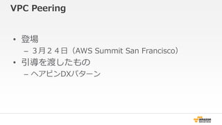 VPC Peering 
• 登場 
– ３月２４日（AWS Summit San Francisco） 
• 引導を渡したもの 
– ヘアピンDXパターン 
 