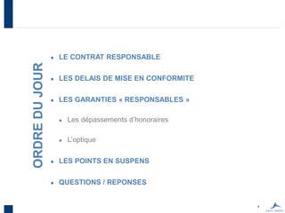 4
ORDREDUJOUR
 LE CONTRAT RESPONSABLE
 LES DELAIS DE MISE EN CONFORMITE
 LES GARANTIES « RESPONSABLES »
 Les dépassements d’honoraires
 L’optique
 LES POINTS EN SUSPENS
 QUESTIONS / REPONSES
 