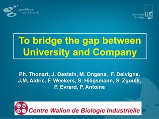 To bridge the gap between
University and Company
To bridge the gap between
University and Company
Ph. Thonart, J. Destain, M. Ongena, F. Delvigne,
J.M. Aldric, F. Weekers, S. Hiligsmann, S. Zgoulli,
P. Evrard, P. Antoine
Centre Wallon de Biologie Industrielle 1
 