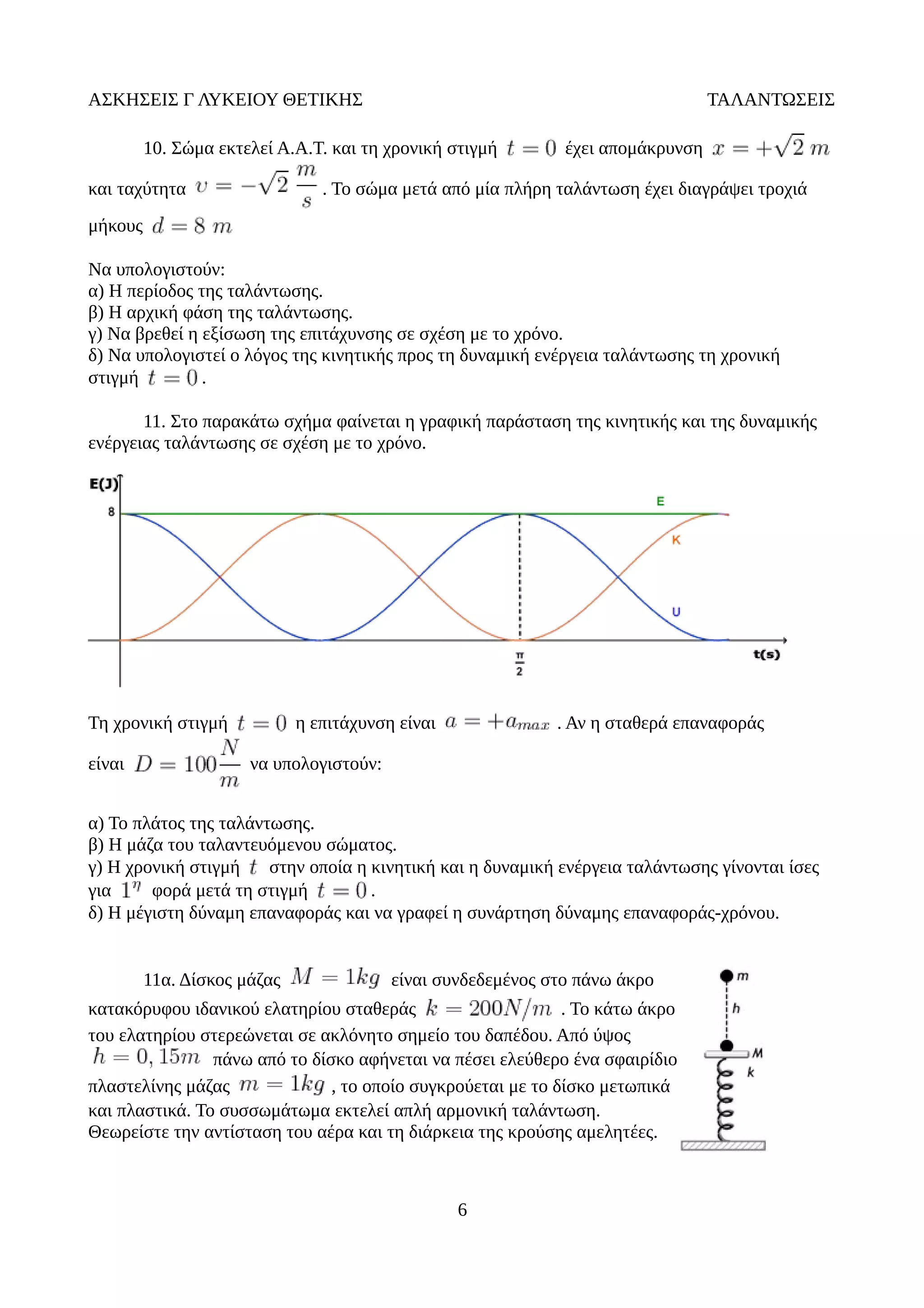 ΑΣΚΗΣΕΙΣ Γ ΛΥΚΕΙΟΥ ΘΕΤΙΚΗΣ ΤΑΛΑΝΤΩΣΕΙΣ
10. Σώμα εκτελεί Α.Α.Τ. και τη χρονική στιγμή έχει απομάκρυνση
και ταχύτητα . Το σώμα μετά από μία πλήρη ταλάντωση έχει διαγράψει τροχιά
μήκους
Να υπολογιστούν:
α) Η περίοδος της ταλάντωσης.
β) Η αρχική φάση της ταλάντωσης.
γ) Να βρεθεί η εξίσωση της επιτάχυνσης σε σχέση με το χρόνο.
δ) Να υπολογιστεί ο λόγος της κινητικής προς τη δυναμική ενέργεια ταλάντωσης τη χρονική
στιγμή .
11. Στο παρακάτω σχήμα φαίνεται η γραφική παράσταση της κινητικής και της δυναμικής
ενέργειας ταλάντωσης σε σχέση με το χρόνο.
Τη χρονική στιγμή η επιτάχυνση είναι . Αν η σταθερά επαναφοράς
είναι να υπολογιστούν:
α) Το πλάτος της ταλάντωσης.
β) Η μάζα του ταλαντευόμενου σώματος.
γ) Η χρονική στιγμή στην οποία η κινητική και η δυναμική ενέργεια ταλάντωσης γίνονται ίσες
για φορά μετά τη στιγμή .
δ) Η μέγιστη δύναμη επαναφοράς και να γραφεί η συνάρτηση δύναμης επαναφοράς-χρόνου.
11α. Δίσκος μάζας είναι συνδεδεμένος στο πάνω άκρο
κατακόρυφου ιδανικού ελατηρίου σταθεράς . Το κάτω άκρο
του ελατηρίου στερεώνεται σε ακλόνητο σημείο του δαπέδου. Από ύψος
πάνω από το δίσκο αφήνεται να πέσει ελεύθερο ένα σφαιρίδιο
πλαστελίνης μάζας , το οποίο συγκρούεται με το δίσκο μετωπικά
και πλαστικά. Το συσσωμάτωμα εκτελεί απλή αρμονική ταλάντωση.
Θεωρείστε την αντίσταση του αέρα και τη διάρκεια της κρούσης αμελητέες.
6
 