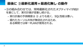 32 
最後に ③最新化運用＋最適化無し の動作 
 ③の組み合わせでは、常時最新化されたオプティマイザ統計 
を基にして、実行計画が変動し続ける。 
– 実行計画の予測精度は ② よりも低く、SQL性能は悪い。 
– 優れたカーソル共有が無効化されるため、 
ある瞬間では単一PLANが使用される。 
 