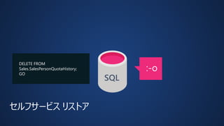 セルフサービスリストア 
SQL 
DELETE FROM 
Sales.SalesPersonQuotaHistory; 
GO 
 