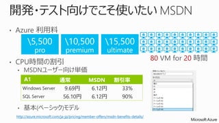 5,500 
pro 
10,500 
premium 
15,500 
ultimate 
http://azure.microsoft.com/ja-jp/pricing/member-offers/msdn-benefits-details/ 
80 VM for 20 時間 
通常MSDN 割引率 
Windows Server 9.69円6.12円33% 
SQL Server 56.10円6.12円90% 
 