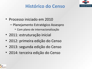 Histórico do Censo
• Processo iniciado em 2010
– Planejamento Estratégico Assespro
• Com plano de internacionalização
• 2011: estruturação inicial
• 2012: primeira edição do Censo
• 2013: segunda edição do Censo
• 2014: terceira edição do Censo
 