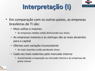 Interpretação (I)Interpretação (I)
• Em comparação com os outros países, as empresas
brasileiras de TI são:
– Mais velhas e maiores
• As empresas médias estão diminuindo seu share
– As empresas maiores e as startups são as mais atraentes
para o capital
– Ofertas com variação inconsistente
• As mais recentes estão perdendo share
– Cada vez mais sedentas pelo mercado interno
• Aumentando a exposição ao mercado interno e às empresas de
porte menor
 