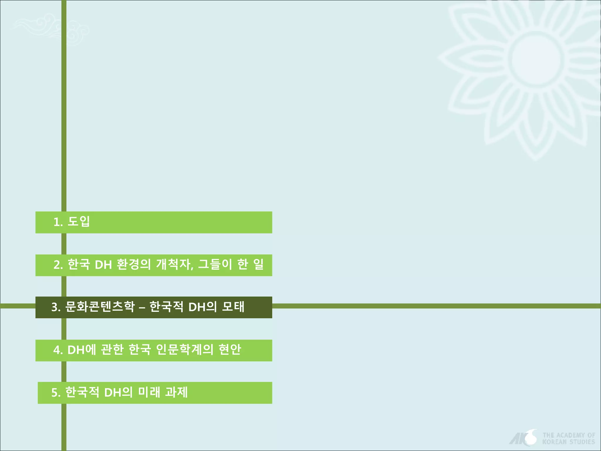 1. 도입 
2. 한국 DH 환경의 개척자, 그들이 한 일 
3. 문화콘텐츠학 – 한국적 DH의 모태 
4. DH에 관한 한국 인문학계의 현안 
5. 한국적 DH의 미래 과제 
 