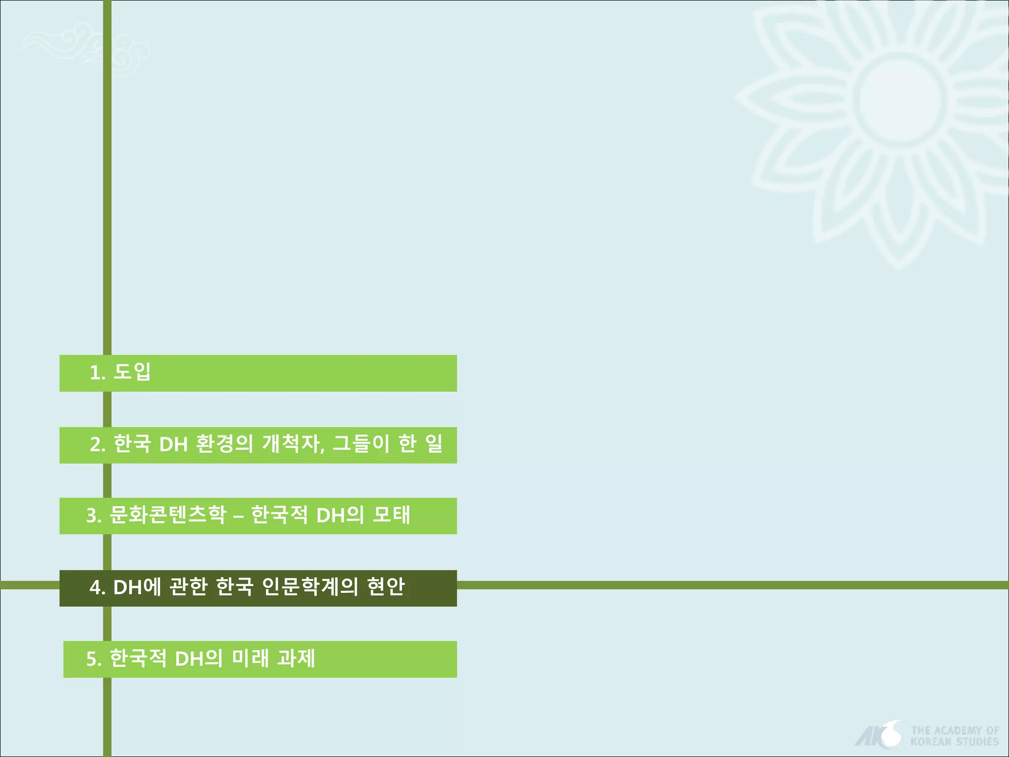 1. 도입 
2. 한국 DH 환경의 개척자, 그들이 한 일 
3. 문화콘텐츠학 – 한국적 DH의 모태 
4. DH에 관한 한국 인문학계의 현안 
5. 한국적 DH의 미래 과제 
 