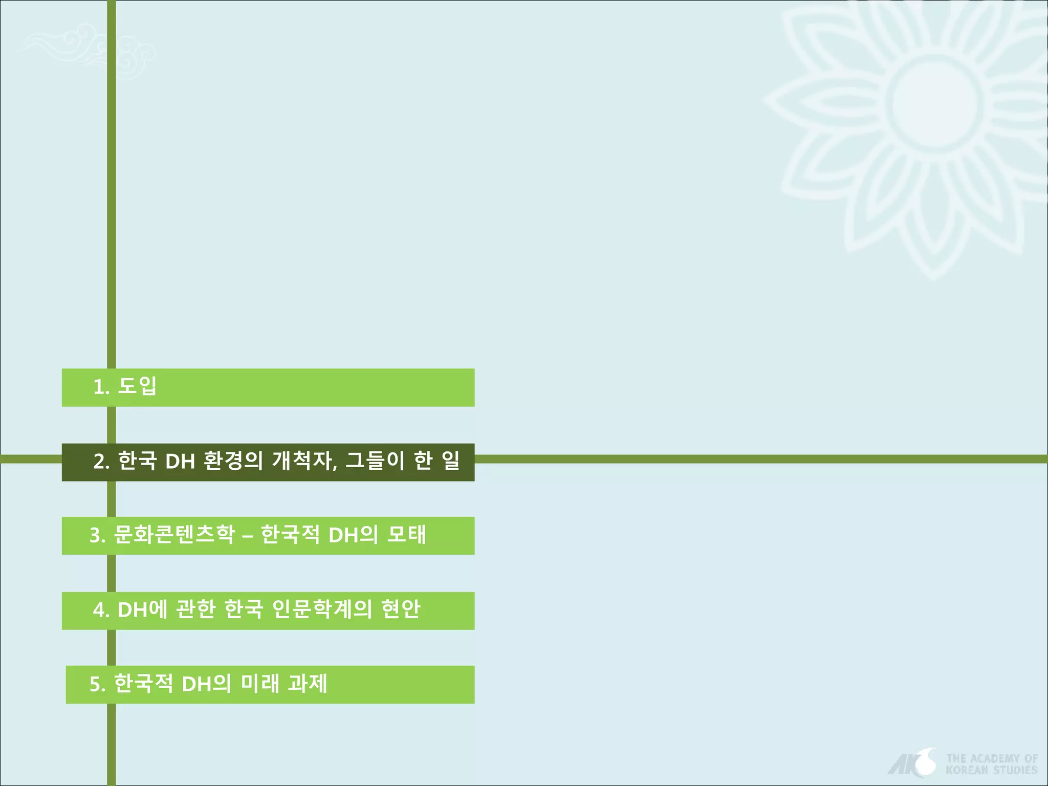1. 도입 
2. 한국 DH 환경의 개척자, 그들이 한 일 
3. 문화콘텐츠학 – 한국적 DH의 모태 
4. DH에 관한 한국 인문학계의 현안 
5. 한국적 DH의 미래 과제 
 