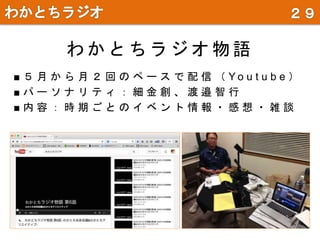 わ か と ち ラ ジ オ 物 語
■ ５ 月 か ら 月 ２ 回 の ペ ー ス で 配 信 （ Y o u t u b e ）
■ パ ー ソ ナ リ テ ィ ： 細 金 創 、 渡 邉 智 行
■ 内 容 ： 時 期 ご と の イ ベ ン ト 情 報 ・ 感 想 ・ 雑 談
 