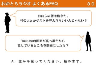 A ． 誰 か 手 伝 っ て く だ さ い 。 頼 み ま す 。
お前らの話は飽きた。
村の人とかゲストを呼んだらいいんじゃない？
Youtubeの画面が真っ黒だから
話しているところを動画にしたら？
 