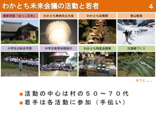 中学生教育体験旅行
わかとち収穫祭わかとち奉納花火大会 春山散策
小学生の総合学習
農家民宿「おっこの木」
わかとち特産品開発 注連縄づくり
■ 活 動 の 中 心 は 村 の ５ ０ 〜 ７ ０ 代
■ 若 手 は 各 活 動 に 参 加 （ 手 伝 い ）
e t c …
 