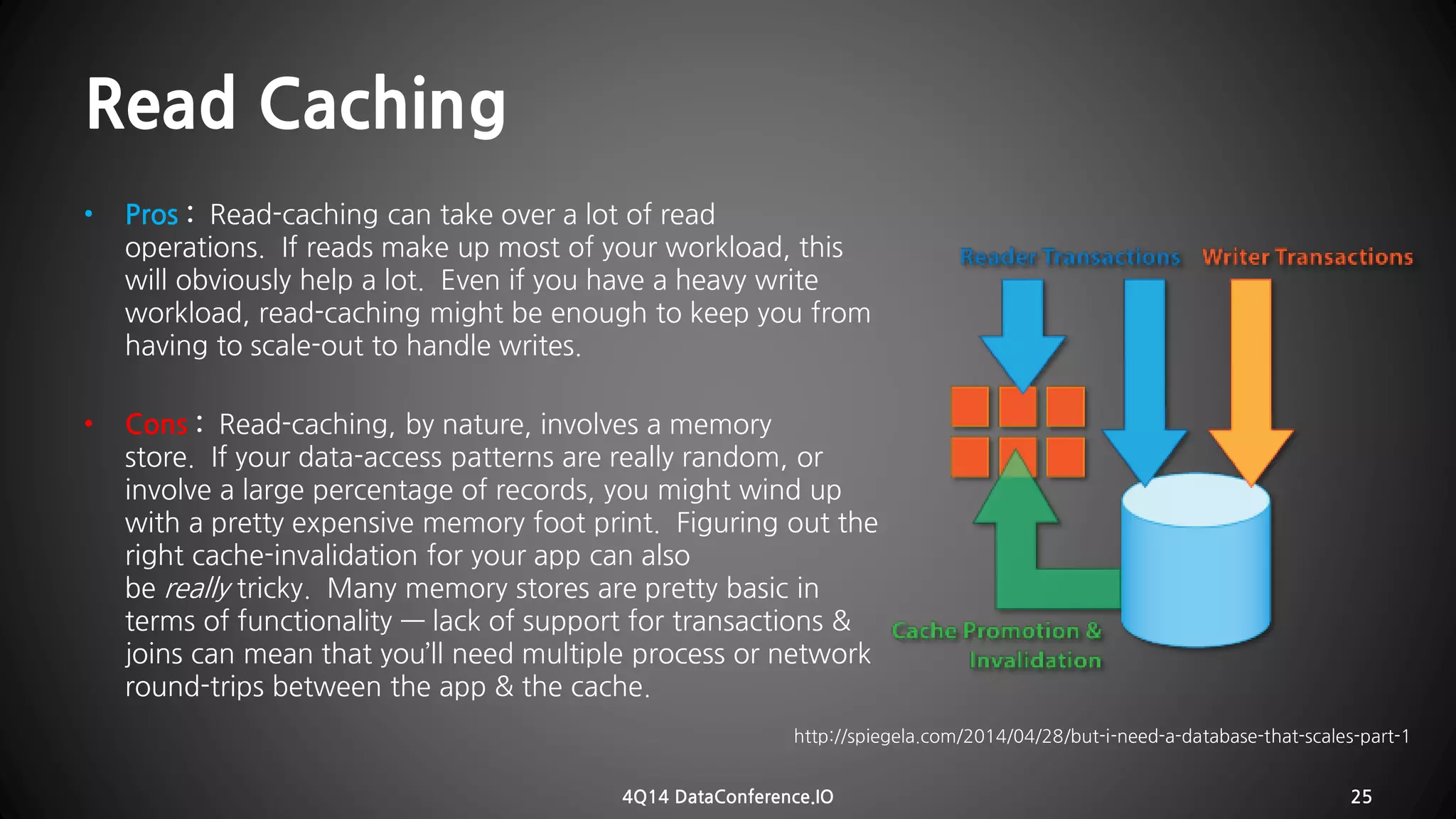Read Caching 
•Pros : Read-cachingcan take overa lot of read operations. If reads make up most of your workload, this will obviously help a lot. Even if you have a heavy write workload, read-caching might be enough to keep you from having to scale-out to handle writes. 
•Cons :Read-caching, by nature, involves a memory store. If your data-access patterns are really random, or involve a large percentage of records,you might wind up with a pretty expensive memory foot print. Figuring out the right cache-invalidation for your app can also bereallytricky. Many memory stores are prettybasic in terms of functionality—lack of support for transactions & joins can mean that you’ll need multiple process or network round-trips between the app & the cache. 
4Q14 DataConference.IO 25 
http://spiegela.com/2014/04/28/but-i-need-a-database-that-scales-part-1  