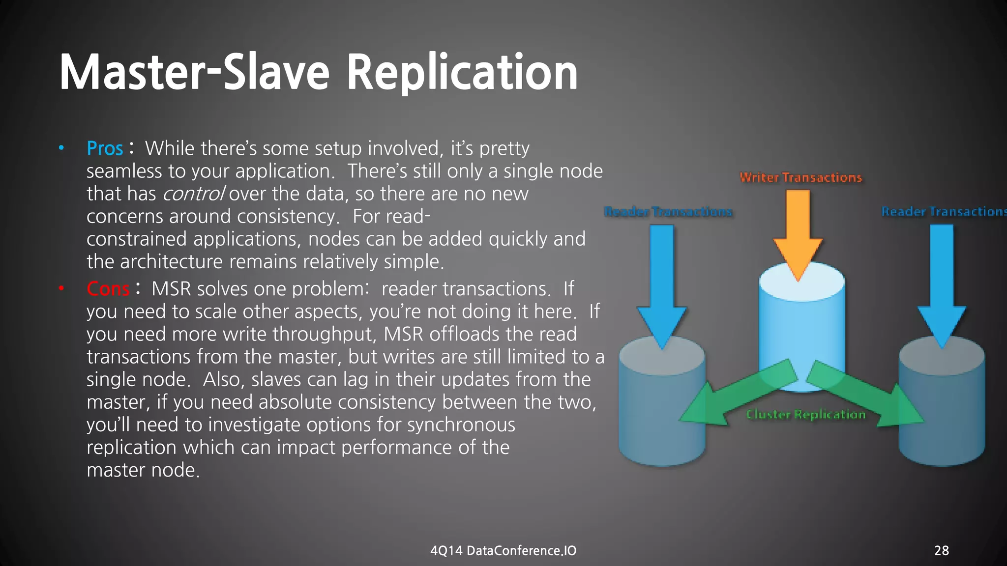 Master-Slave Replication 
•Pros :While there’s some setup involved, it’spretty seamless to yourapplication. There’s still only a single node that hascontrolover the data, so there are no new concerns around consistency. For read- constrainedapplications, nodes can be added quickly and the architecture remains relatively simple. 
•Cons :MSRsolves one problem: reader transactions. If you need to scale other aspects, you’re not doing it here. If you need more write throughput, MSRoffloads the read transactionsfrom the master, butwrites are still limited to a single node. Also, slavescan lag in their updates from the master, if you need absolute consistency between the two, you’ll need to investigate options for synchronous replication which can impact performance of the masternode. 
4Q14 DataConference.IO 28 
 