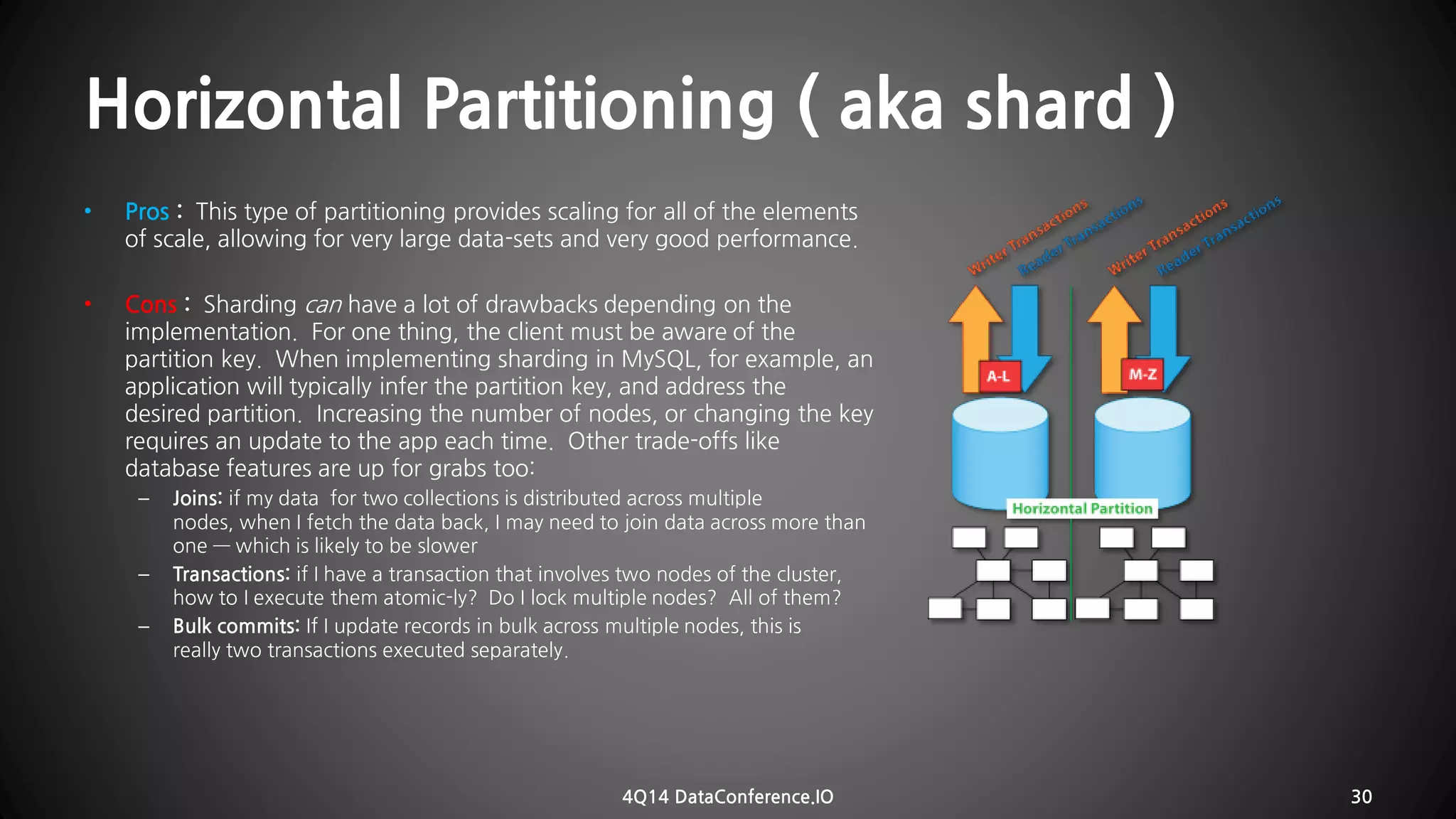 Horizontal Partitioning ( aka shard ) 
•Pros:This type of partitioning provides scaling forall of the elements of scale, allowing for very large data-sets and very good performance. 
•Cons:Shardingcanhave alot of drawbacks depending on the implementation. For one thing, the client must be aware of the partition key. When implementingshardingin MySQL, for example,an application will typicallyinfer the partition key, and address the desiredpartition. Increasing the number of nodes, or changing the key requires an update to the app each time. Other trade-offs like database features are up for grabs too: 
–Joins:if my data for two collections is distributedacross multiple nodes,when I fetch the data back, I may need to join data acrossmore than one —which is likely to be slower 
–Transactions:if I have a transaction that involves two nodes of the cluster, how to I execute them atomic-ly? Do I lock multiple nodes? All of them? 
–Bulk commits:If I updaterecords in bulk acrossmultiple nodes, this is reallytwo transactions executed separately. 
4Q14 DataConference.IO 30 
 