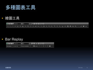 多種圖表工具 
 繪圖工具 
 Bar Replay 
兆毅資訊2014/12/5 14 
 