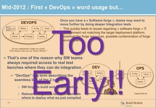 13 /
Nov-2013 to March-2014:
Viral usage of « DevOps » tool chain
150 users involved in France, Ireland, Germany and
Morocco
 All from Dev (almost none from Ops side… not yet…)
Creation of the DevOps Service Line on 1st of January!
 DevOps word is officially used as a Practice!!
…but most people still do not know exactly what it is… 
Morpho DevOps Service Line
2010 2013 2014 2015
 