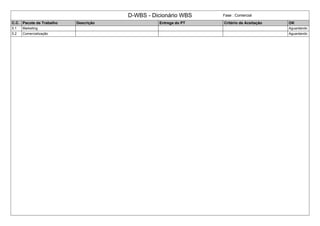 D-WBS - Dicionário WBS Fase : Comercial 
C.C. Pacote de Trabalho Descrição Entrega do PT Critério de Aceitação OK 
5.1 Marketing Aguardando 
5.2 Comercialização Aguardando 
 