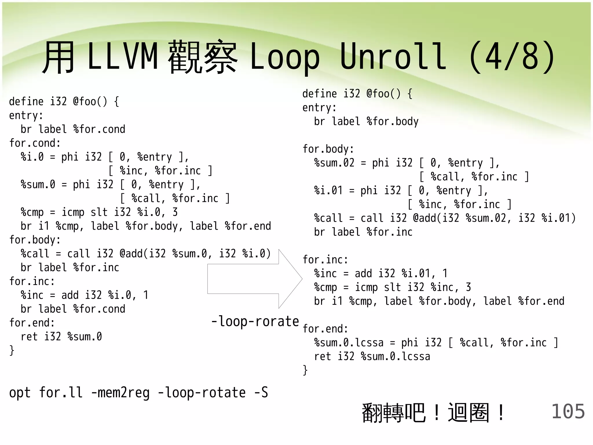 用LLVM觀察Loop Unroll (4/8) 
105 
define i32 @foo() { 
entry: 
br label %for.cond 
for.cond: 
%i.0 = phi i32 [ 0, %entry ], 
[ %inc, %for.inc ] 
%sum.0 = phi i32 [ 0, %entry ], 
[ %call, %for.inc ] 
%cmp = icmp slt i32 %i.0, 3 
br i1 %cmp, label %for.body, label %for.end 
for.body: 
%call = call i32 @add(i32 %sum.0, i32 %i.0) 
br label %for.inc 
for.inc: 
%inc = add i32 %i.0, 1 
br label %for.cond 
for.end: 
ret i32 %sum.0 
} 
opt for.ll -mem2reg -loop-rotate -S 
define i32 @foo() { 
entry: 
br label %for.body 
for.body: 
%sum.02 = phi i32 [ 0, %entry ], 
[ %call, %for.inc ] 
%i.01 = phi i32 [ 0, %entry ], 
[ %inc, %for.inc ] 
%call = call i32 @add(i32 %sum.02, i32 %i.01) 
br label %for.inc 
for.inc: 
%inc = add i32 %i.01, 1 
%cmp = icmp slt i32 %inc, 3 
br i1 %cmp, label %for.body, label %for.end 
for.end: 
%sum.0.lcssa = phi i32 [ %call, %for.inc ] 
ret i32 %sum.0.lcssa 
} 
翻轉吧！迴圈！ 
-loop-rorate 
 