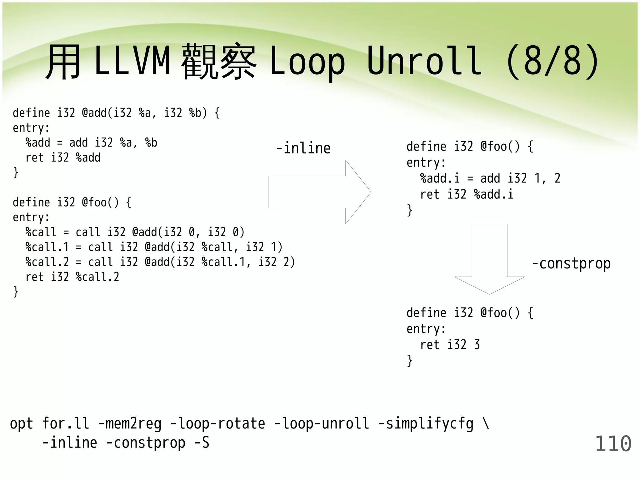 用LLVM觀察Loop Unroll (8/8) 
-constprop 
110 
define i32 @add(i32 %a, i32 %b) { 
entry: 
%add = add i32 %a, %b 
ret i32 %add 
} 
define i32 @foo() { 
entry: 
%call = call i32 @add(i32 0, i32 0) 
%call.1 = call i32 @add(i32 %call, i32 1) 
%call.2 = call i32 @add(i32 %call.1, i32 2) 
ret i32 %call.2 
} 
opt for.ll -mem2reg -loop-rotate -loop-unroll -simplifycfg  
-inline -constprop -S 
-inline 
define i32 @foo() { 
entry: 
%add.i = add i32 1, 2 
ret i32 %add.i 
} 
define i32 @foo() { 
entry: 
ret i32 3 
} 
 
