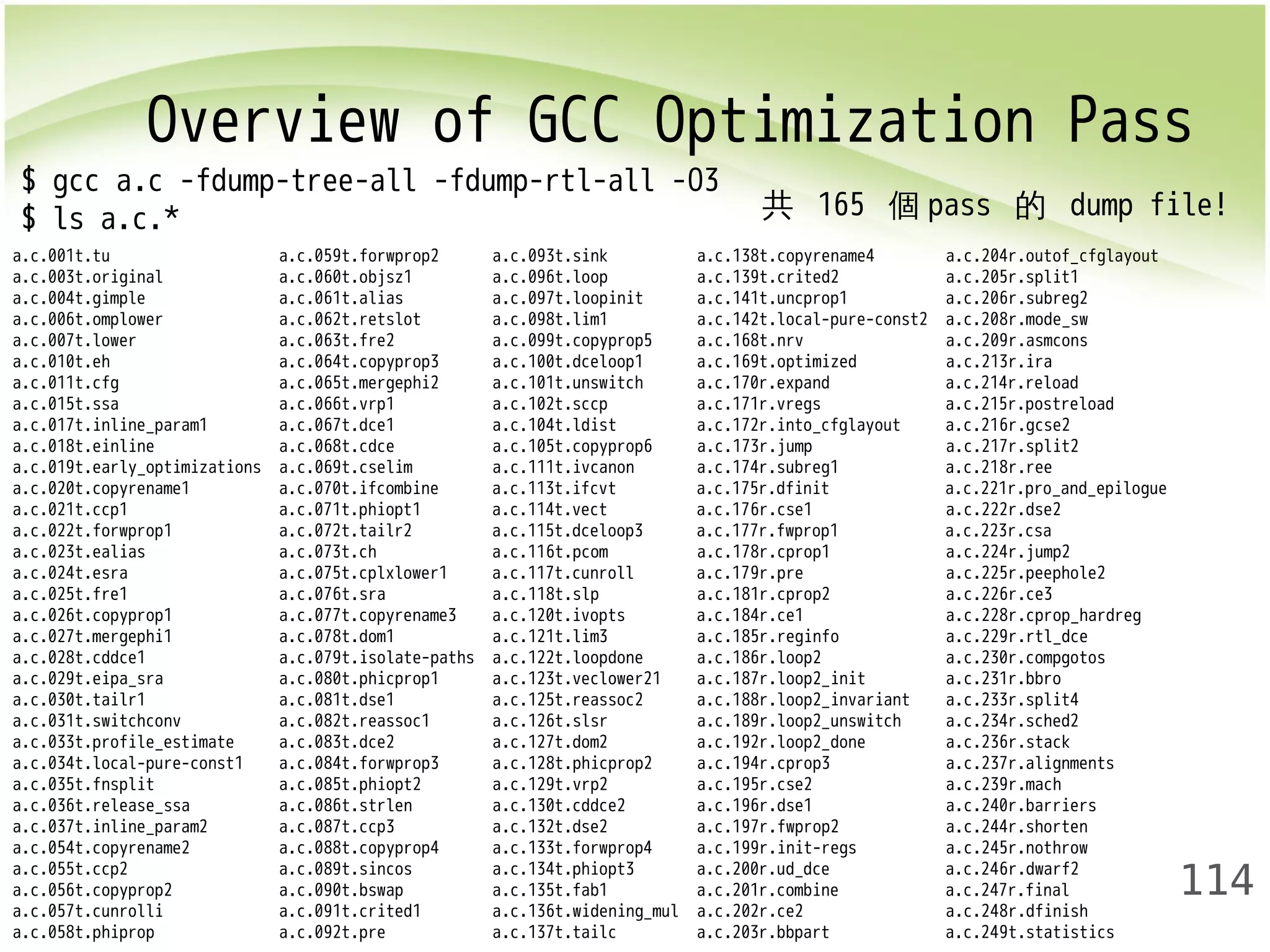 Overview of GCC Optimization Pass 
114 
$ gcc a.c -fdump-tree-all -fdump-rtl-all -O3 
$ ls a.c.* 
a.c.001t.tu a.c.059t.forwprop2 a.c.093t.sink a.c.138t.copyrename4 a.c.204r.outof_cfglayout 
a.c.003t.original a.c.060t.objsz1 a.c.096t.loop a.c.139t.crited2 a.c.205r.split1 
a.c.004t.gimple a.c.061t.alias a.c.097t.loopinit a.c.141t.uncprop1 a.c.206r.subreg2 
a.c.006t.omplower a.c.062t.retslot a.c.098t.lim1 a.c.142t.local-pure-const2 a.c.208r.mode_sw 
a.c.007t.lower a.c.063t.fre2 a.c.099t.copyprop5 a.c.168t.nrv a.c.209r.asmcons 
a.c.010t.eh a.c.064t.copyprop3 a.c.100t.dceloop1 a.c.169t.optimized a.c.213r.ira 
a.c.011t.cfg a.c.065t.mergephi2 a.c.101t.unswitch a.c.170r.expand a.c.214r.reload 
a.c.015t.ssa a.c.066t.vrp1 a.c.102t.sccp a.c.171r.vregs a.c.215r.postreload 
a.c.017t.inline_param1 a.c.067t.dce1 a.c.104t.ldist a.c.172r.into_cfglayout a.c.216r.gcse2 
a.c.018t.einline a.c.068t.cdce a.c.105t.copyprop6 a.c.173r.jump a.c.217r.split2 
a.c.019t.early_optimizations a.c.069t.cselim a.c.111t.ivcanon a.c.174r.subreg1 a.c.218r.ree 
a.c.020t.copyrename1 a.c.070t.ifcombine a.c.113t.ifcvt a.c.175r.dfinit a.c.221r.pro_and_epilogue 
a.c.021t.ccp1 a.c.071t.phiopt1 a.c.114t.vect a.c.176r.cse1 a.c.222r.dse2 
a.c.022t.forwprop1 a.c.072t.tailr2 a.c.115t.dceloop3 a.c.177r.fwprop1 a.c.223r.csa 
a.c.023t.ealias a.c.073t.ch a.c.116t.pcom a.c.178r.cprop1 a.c.224r.jump2 
a.c.024t.esra a.c.075t.cplxlower1 a.c.117t.cunroll a.c.179r.pre a.c.225r.peephole2 
a.c.025t.fre1 a.c.076t.sra a.c.118t.slp a.c.181r.cprop2 a.c.226r.ce3 
a.c.026t.copyprop1 a.c.077t.copyrename3 a.c.120t.ivopts a.c.184r.ce1 a.c.228r.cprop_hardreg 
a.c.027t.mergephi1 a.c.078t.dom1 a.c.121t.lim3 a.c.185r.reginfo a.c.229r.rtl_dce 
a.c.028t.cddce1 a.c.079t.isolate-paths a.c.122t.loopdone a.c.186r.loop2 a.c.230r.compgotos 
a.c.029t.eipa_sra a.c.080t.phicprop1 a.c.123t.veclower21 a.c.187r.loop2_init a.c.231r.bbro 
a.c.030t.tailr1 a.c.081t.dse1 a.c.125t.reassoc2 a.c.188r.loop2_invariant a.c.233r.split4 
a.c.031t.switchconv a.c.082t.reassoc1 a.c.126t.slsr a.c.189r.loop2_unswitch a.c.234r.sched2 
a.c.033t.profile_estimate a.c.083t.dce2 a.c.127t.dom2 a.c.192r.loop2_done a.c.236r.stack 
a.c.034t.local-pure-const1 a.c.084t.forwprop3 a.c.128t.phicprop2 a.c.194r.cprop3 a.c.237r.alignments 
a.c.035t.fnsplit a.c.085t.phiopt2 a.c.129t.vrp2 a.c.195r.cse2 a.c.239r.mach 
a.c.036t.release_ssa a.c.086t.strlen a.c.130t.cddce2 a.c.196r.dse1 a.c.240r.barriers 
a.c.037t.inline_param2 a.c.087t.ccp3 a.c.132t.dse2 a.c.197r.fwprop2 a.c.244r.shorten 
a.c.054t.copyrename2 a.c.088t.copyprop4 a.c.133t.forwprop4 a.c.199r.init-regs a.c.245r.nothrow 
a.c.055t.ccp2 a.c.089t.sincos a.c.134t.phiopt3 a.c.200r.ud_dce a.c.246r.dwarf2 
a.c.056t.copyprop2 a.c.090t.bswap a.c.135t.fab1 a.c.201r.combine a.c.247r.final 
a.c.057t.cunrolli a.c.091t.crited1 a.c.136t.widening_mul a.c.202r.ce2 a.c.248r.dfinish 
a.c.058t.phiprop a.c.092t.pre a.c.137t.tailc a.c.203r.bbpart a.c.249t.statistics 
共 165 個pass 的 dump file! 
 