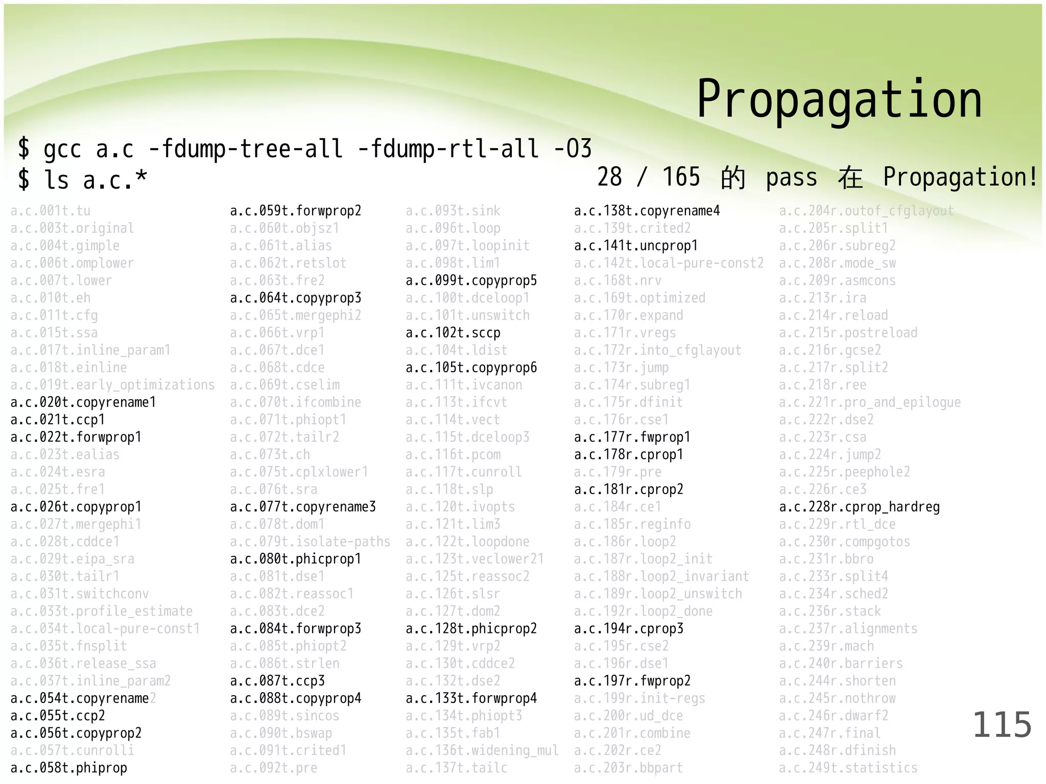 Propagation 
115 
$ gcc a.c -fdump-tree-all -fdump-rtl-all -O3 
$ ls a.c.* 
a.c.001t.tu a.c.059t.forwprop2 a.c.093t.sink a.c.138t.copyrename4 a.c.204r.outof_cfglayout 
a.c.003t.original a.c.060t.objsz1 a.c.096t.loop a.c.139t.crited2 a.c.205r.split1 
a.c.004t.gimple a.c.061t.alias a.c.097t.loopinit a.c.141t.uncprop1 a.c.206r.subreg2 
a.c.006t.omplower a.c.062t.retslot a.c.098t.lim1 a.c.142t.local-pure-const2 a.c.208r.mode_sw 
a.c.007t.lower a.c.063t.fre2 a.c.099t.copyprop5 a.c.168t.nrv a.c.209r.asmcons 
a.c.010t.eh a.c.064t.copyprop3 a.c.100t.dceloop1 a.c.169t.optimized a.c.213r.ira 
a.c.011t.cfg a.c.065t.mergephi2 a.c.101t.unswitch a.c.170r.expand a.c.214r.reload 
a.c.015t.ssa a.c.066t.vrp1 a.c.102t.sccp a.c.171r.vregs a.c.215r.postreload 
a.c.017t.inline_param1 a.c.067t.dce1 a.c.104t.ldist a.c.172r.into_cfglayout a.c.216r.gcse2 
a.c.018t.einline a.c.068t.cdce a.c.105t.copyprop6 a.c.173r.jump a.c.217r.split2 
a.c.019t.early_optimizations a.c.069t.cselim a.c.111t.ivcanon a.c.174r.subreg1 a.c.218r.ree 
a.c.020t.copyrename1 a.c.070t.ifcombine a.c.113t.ifcvt a.c.175r.dfinit a.c.221r.pro_and_epilogue 
a.c.021t.ccp1 a.c.071t.phiopt1 a.c.114t.vect a.c.176r.cse1 a.c.222r.dse2 
a.c.022t.forwprop1 a.c.072t.tailr2 a.c.115t.dceloop3 a.c.177r.fwprop1 a.c.223r.csa 
a.c.023t.ealias a.c.073t.ch a.c.116t.pcom a.c.178r.cprop1 a.c.224r.jump2 
a.c.024t.esra a.c.075t.cplxlower1 a.c.117t.cunroll a.c.179r.pre a.c.225r.peephole2 
a.c.025t.fre1 a.c.076t.sra a.c.118t.slp a.c.181r.cprop2 a.c.226r.ce3 
a.c.026t.copyprop1 a.c.077t.copyrename3 a.c.120t.ivopts a.c.184r.ce1 a.c.228r.cprop_hardreg 
a.c.027t.mergephi1 a.c.078t.dom1 a.c.121t.lim3 a.c.185r.reginfo a.c.229r.rtl_dce 
a.c.028t.cddce1 a.c.079t.isolate-paths a.c.122t.loopdone a.c.186r.loop2 a.c.230r.compgotos 
a.c.029t.eipa_sra a.c.080t.phicprop1 a.c.123t.veclower21 a.c.187r.loop2_init a.c.231r.bbro 
a.c.030t.tailr1 a.c.081t.dse1 a.c.125t.reassoc2 a.c.188r.loop2_invariant a.c.233r.split4 
a.c.031t.switchconv a.c.082t.reassoc1 a.c.126t.slsr a.c.189r.loop2_unswitch a.c.234r.sched2 
a.c.033t.profile_estimate a.c.083t.dce2 a.c.127t.dom2 a.c.192r.loop2_done a.c.236r.stack 
a.c.034t.local-pure-const1 a.c.084t.forwprop3 a.c.128t.phicprop2 a.c.194r.cprop3 a.c.237r.alignments 
a.c.035t.fnsplit a.c.085t.phiopt2 a.c.129t.vrp2 a.c.195r.cse2 a.c.239r.mach 
a.c.036t.release_ssa a.c.086t.strlen a.c.130t.cddce2 a.c.196r.dse1 a.c.240r.barriers 
a.c.037t.inline_param2 a.c.087t.ccp3 a.c.132t.dse2 a.c.197r.fwprop2 a.c.244r.shorten 
a.c.054t.copyrename2 a.c.088t.copyprop4 a.c.133t.forwprop4 a.c.199r.init-regs a.c.245r.nothrow 
a.c.055t.ccp2 a.c.089t.sincos a.c.134t.phiopt3 a.c.200r.ud_dce a.c.246r.dwarf2 
a.c.056t.copyprop2 a.c.090t.bswap a.c.135t.fab1 a.c.201r.combine a.c.247r.final 
a.c.057t.cunrolli a.c.091t.crited1 a.c.136t.widening_mul a.c.202r.ce2 a.c.248r.dfinish 
a.c.058t.phiprop a.c.092t.pre a.c.137t.tailc a.c.203r.bbpart a.c.249t.statistics 
28 / 165 的 pass 在 Propagation! 
 