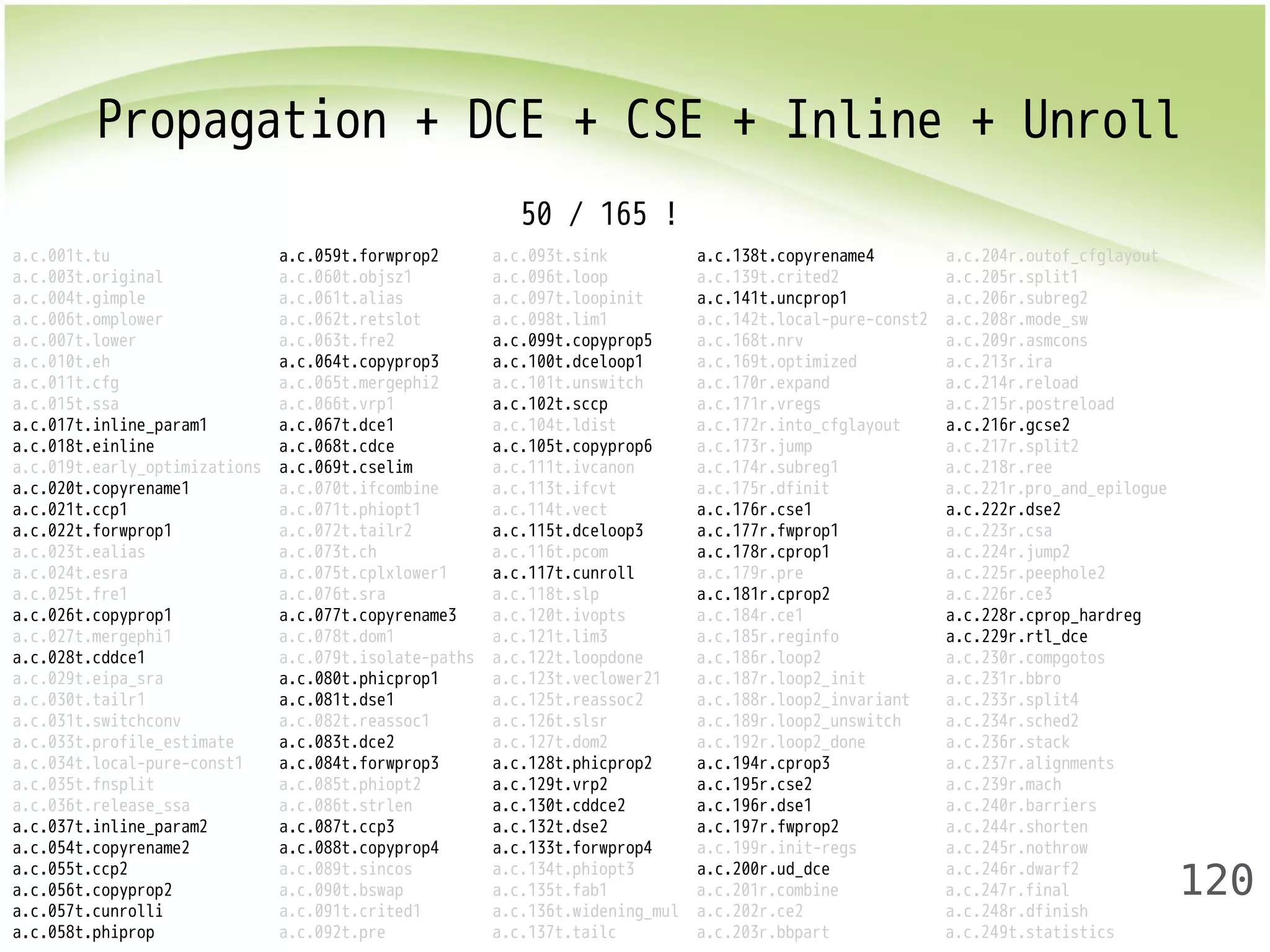 Propagation + DCE + CSE + Inline + Unroll 
120 
50 / 165 ! 
a.c.001t.tu a.c.059t.forwprop2 a.c.093t.sink a.c.138t.copyrename4 a.c.204r.outof_cfglayout 
a.c.003t.original a.c.060t.objsz1 a.c.096t.loop a.c.139t.crited2 a.c.205r.split1 
a.c.004t.gimple a.c.061t.alias a.c.097t.loopinit a.c.141t.uncprop1 a.c.206r.subreg2 
a.c.006t.omplower a.c.062t.retslot a.c.098t.lim1 a.c.142t.local-pure-const2 a.c.208r.mode_sw 
a.c.007t.lower a.c.063t.fre2 a.c.099t.copyprop5 a.c.168t.nrv a.c.209r.asmcons 
a.c.010t.eh a.c.064t.copyprop3 a.c.100t.dceloop1 a.c.169t.optimized a.c.213r.ira 
a.c.011t.cfg a.c.065t.mergephi2 a.c.101t.unswitch a.c.170r.expand a.c.214r.reload 
a.c.015t.ssa a.c.066t.vrp1 a.c.102t.sccp a.c.171r.vregs a.c.215r.postreload 
a.c.017t.inline_param1 a.c.067t.dce1 a.c.104t.ldist a.c.172r.into_cfglayout a.c.216r.gcse2 
a.c.018t.einline a.c.068t.cdce a.c.105t.copyprop6 a.c.173r.jump a.c.217r.split2 
a.c.019t.early_optimizations a.c.069t.cselim a.c.111t.ivcanon a.c.174r.subreg1 a.c.218r.ree 
a.c.020t.copyrename1 a.c.070t.ifcombine a.c.113t.ifcvt a.c.175r.dfinit a.c.221r.pro_and_epilogue 
a.c.021t.ccp1 a.c.071t.phiopt1 a.c.114t.vect a.c.176r.cse1 a.c.222r.dse2 
a.c.022t.forwprop1 a.c.072t.tailr2 a.c.115t.dceloop3 a.c.177r.fwprop1 a.c.223r.csa 
a.c.023t.ealias a.c.073t.ch a.c.116t.pcom a.c.178r.cprop1 a.c.224r.jump2 
a.c.024t.esra a.c.075t.cplxlower1 a.c.117t.cunroll a.c.179r.pre a.c.225r.peephole2 
a.c.025t.fre1 a.c.076t.sra a.c.118t.slp a.c.181r.cprop2 a.c.226r.ce3 
a.c.026t.copyprop1 a.c.077t.copyrename3 a.c.120t.ivopts a.c.184r.ce1 a.c.228r.cprop_hardreg 
a.c.027t.mergephi1 a.c.078t.dom1 a.c.121t.lim3 a.c.185r.reginfo a.c.229r.rtl_dce 
a.c.028t.cddce1 a.c.079t.isolate-paths a.c.122t.loopdone a.c.186r.loop2 a.c.230r.compgotos 
a.c.029t.eipa_sra a.c.080t.phicprop1 a.c.123t.veclower21 a.c.187r.loop2_init a.c.231r.bbro 
a.c.030t.tailr1 a.c.081t.dse1 a.c.125t.reassoc2 a.c.188r.loop2_invariant a.c.233r.split4 
a.c.031t.switchconv a.c.082t.reassoc1 a.c.126t.slsr a.c.189r.loop2_unswitch a.c.234r.sched2 
a.c.033t.profile_estimate a.c.083t.dce2 a.c.127t.dom2 a.c.192r.loop2_done a.c.236r.stack 
a.c.034t.local-pure-const1 a.c.084t.forwprop3 a.c.128t.phicprop2 a.c.194r.cprop3 a.c.237r.alignments 
a.c.035t.fnsplit a.c.085t.phiopt2 a.c.129t.vrp2 a.c.195r.cse2 a.c.239r.mach 
a.c.036t.release_ssa a.c.086t.strlen a.c.130t.cddce2 a.c.196r.dse1 a.c.240r.barriers 
a.c.037t.inline_param2 a.c.087t.ccp3 a.c.132t.dse2 a.c.197r.fwprop2 a.c.244r.shorten 
a.c.054t.copyrename2 a.c.088t.copyprop4 a.c.133t.forwprop4 a.c.199r.init-regs a.c.245r.nothrow 
a.c.055t.ccp2 a.c.089t.sincos a.c.134t.phiopt3 a.c.200r.ud_dce a.c.246r.dwarf2 
a.c.056t.copyprop2 a.c.090t.bswap a.c.135t.fab1 a.c.201r.combine a.c.247r.final 
a.c.057t.cunrolli a.c.091t.crited1 a.c.136t.widening_mul a.c.202r.ce2 a.c.248r.dfinish 
a.c.058t.phiprop a.c.092t.pre a.c.137t.tailc a.c.203r.bbpart a.c.249t.statistics 
 