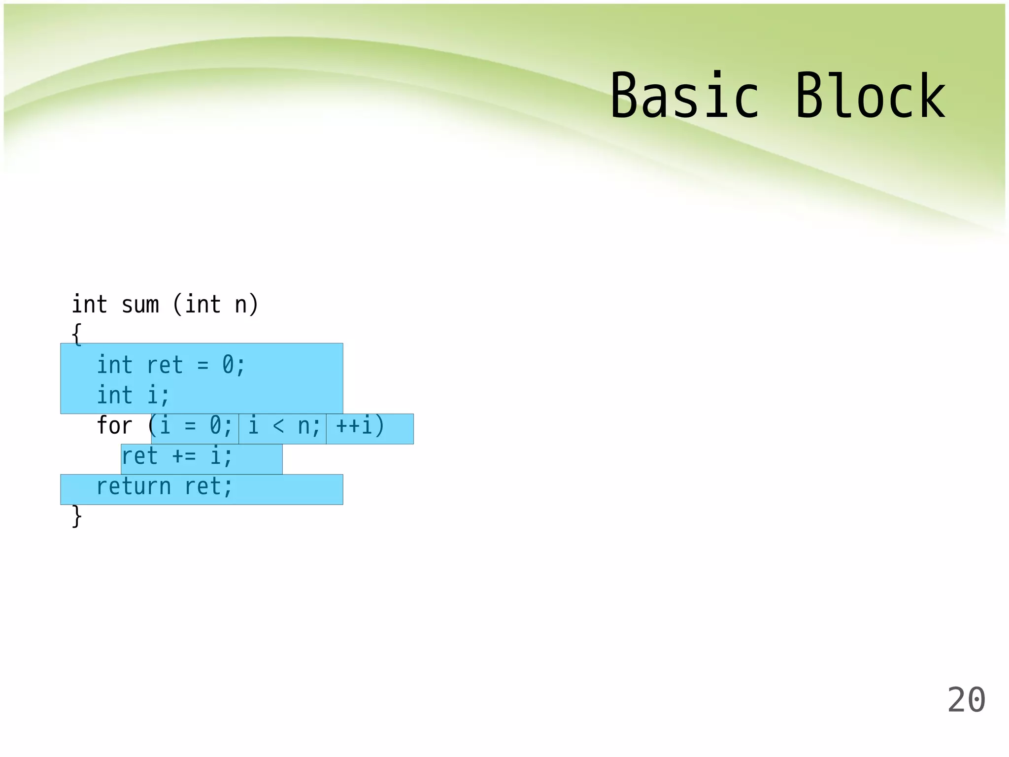 Basic Block 
20 
int sum (int n) 
{ 
int ret = 0; 
int i; 
for (i = 0; i < n; ++i) 
ret += i; 
return ret; 
} 
 