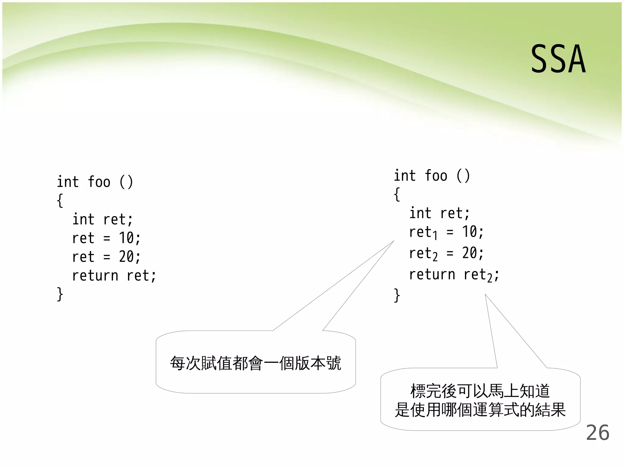 SSA 
26 
int foo () 
{ 
int ret; 
ret = 10; 
ret = 20; 
return ret; 
} 
int foo () 
{ 
int ret; 
ret1 = 10; 
ret2 = 20; 
return ret2; 
} 
每次賦值都會一個版本號 
標完後可以馬上知道 
是使用哪個運算式的結果 
 