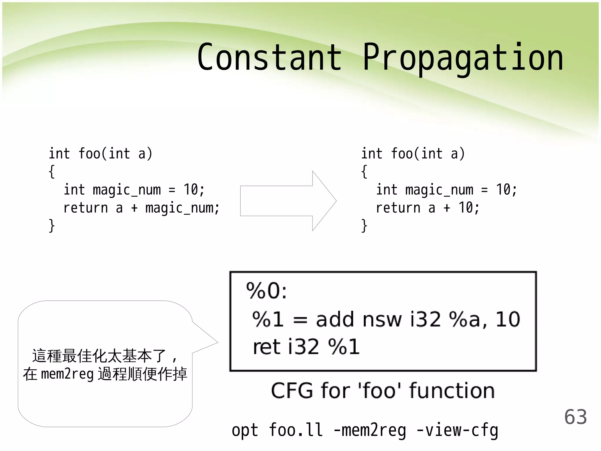 Constant Propagation 
63 
opt foo.ll -mem2reg -view-cfg 
int foo(int a) 
{ 
int magic_num = 10; 
return a + magic_num; 
} 
這種最佳化太基本了, 
在mem2reg過程順便作掉 
int foo(int a) 
{ 
int magic_num = 10; 
return a + 10; 
} 
 
