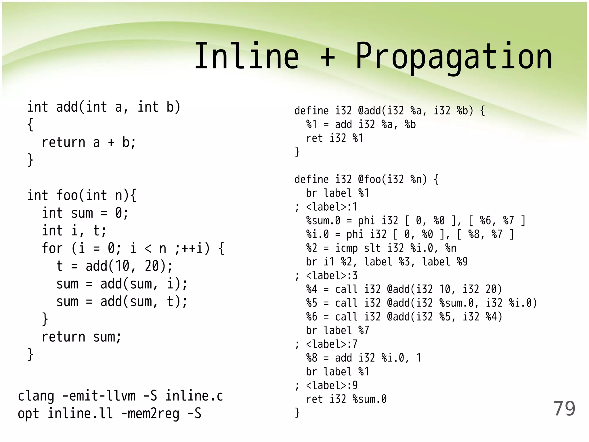 Inline + Propagation 
79 
int add(int a, int b) 
{ 
return a + b; 
} 
int foo(int n){ 
int sum = 0; 
int i, t; 
for (i = 0; i < n ;++i) { 
t = add(10, 20); 
sum = add(sum, i); 
sum = add(sum, t); 
} 
return sum; 
} 
define i32 @add(i32 %a, i32 %b) { 
%1 = add i32 %a, %b 
ret i32 %1 
} 
define i32 @foo(i32 %n) { 
br label %1 
; <label>:1 
%sum.0 = phi i32 [ 0, %0 ], [ %6, %7 ] 
%i.0 = phi i32 [ 0, %0 ], [ %8, %7 ] 
%2 = icmp slt i32 %i.0, %n 
br i1 %2, label %3, label %9 
; <label>:3 
%4 = call i32 @add(i32 10, i32 20) 
%5 = call i32 @add(i32 %sum.0, i32 %i.0) 
%6 = call i32 @add(i32 %5, i32 %4) 
br label %7 
; <label>:7 
%8 = add i32 %i.0, 1 
br label %1 
; <label>:9 
ret i32 %sum.0 
} 
clang -emit-llvm -S inline.c 
opt inline.ll -mem2reg -S 
 