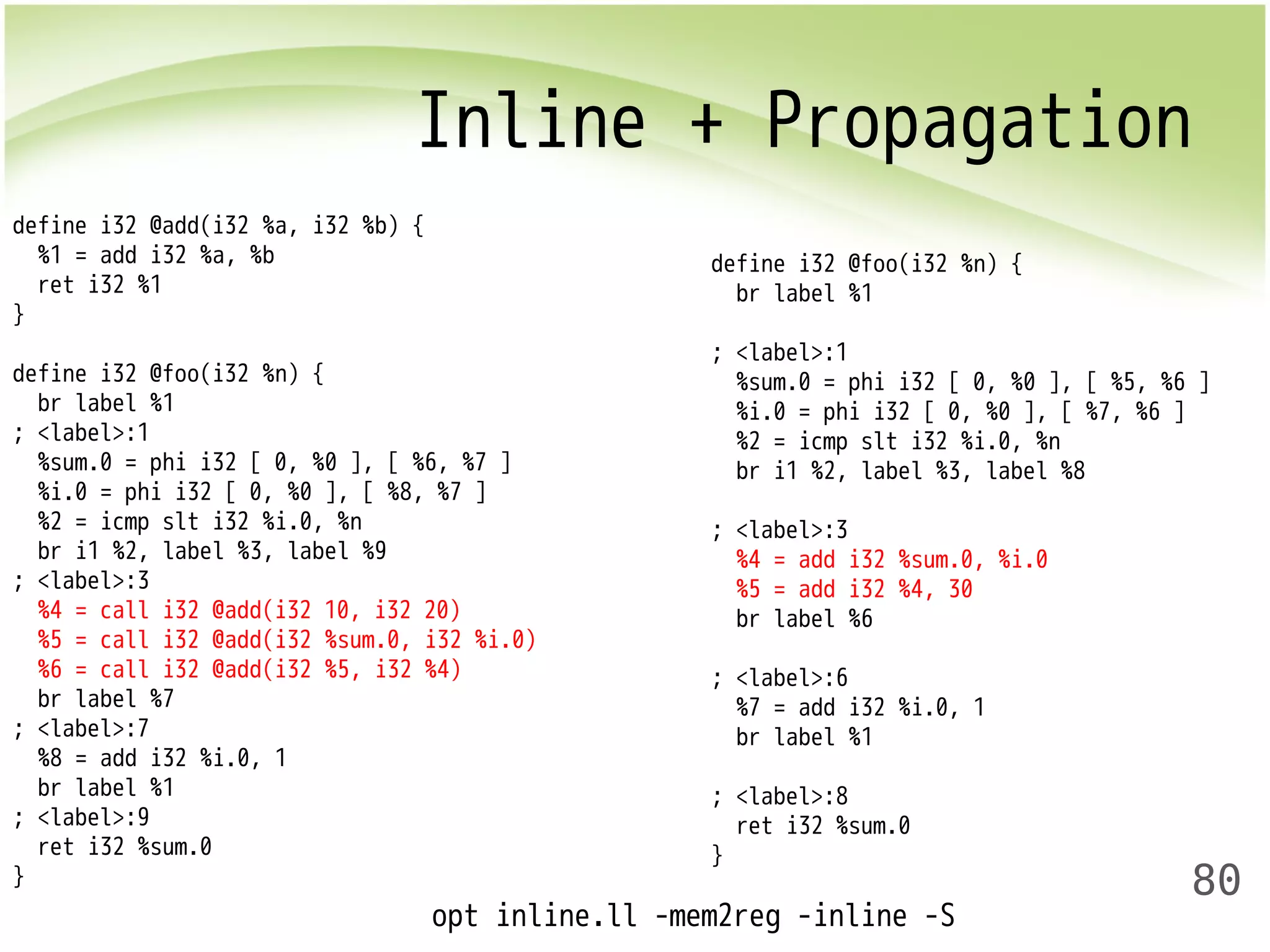 Inline + Propagation 
80 
define i32 @add(i32 %a, i32 %b) { 
%1 = add i32 %a, %b 
ret i32 %1 
} 
define i32 @foo(i32 %n) { 
br label %1 
; <label>:1 
%sum.0 = phi i32 [ 0, %0 ], [ %6, %7 ] 
%i.0 = phi i32 [ 0, %0 ], [ %8, %7 ] 
%2 = icmp slt i32 %i.0, %n 
br i1 %2, label %3, label %9 
; <label>:3 
%4 = call i32 @add(i32 10, i32 20) 
%5 = call i32 @add(i32 %sum.0, i32 %i.0) 
%6 = call i32 @add(i32 %5, i32 %4) 
br label %7 
; <label>:7 
%8 = add i32 %i.0, 1 
br label %1 
; <label>:9 
ret i32 %sum.0 
} 
define i32 @foo(i32 %n) { 
br label %1 
; <label>:1 
%sum.0 = phi i32 [ 0, %0 ], [ %5, %6 ] 
%i.0 = phi i32 [ 0, %0 ], [ %7, %6 ] 
%2 = icmp slt i32 %i.0, %n 
br i1 %2, label %3, label %8 
; <label>:3 
%4 = add i32 %sum.0, %i.0 
%5 = add i32 %4, 30 
br label %6 
; <label>:6 
%7 = add i32 %i.0, 1 
br label %1 
; <label>:8 
ret i32 %sum.0 
} 
opt inline.ll -mem2reg -inline -S 
 