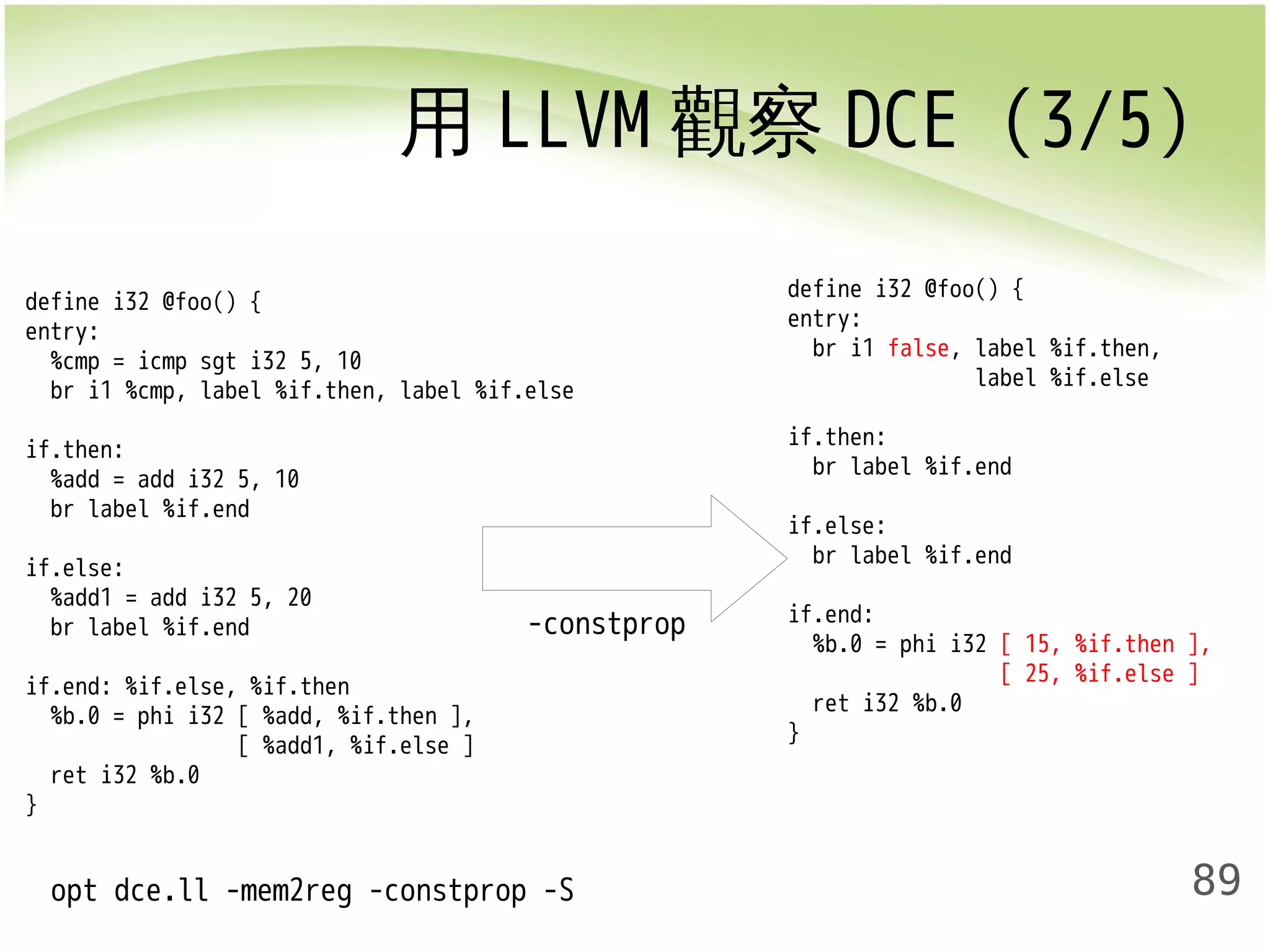 用LLVM觀察DCE (3/5) 
89 
define i32 @foo() { 
entry: 
%cmp = icmp sgt i32 5, 10 
br i1 %cmp, label %if.then, label %if.else 
if.then: 
%add = add i32 5, 10 
br label %if.end 
if.else: 
%add1 = add i32 5, 20 
br label %if.end 
if.end: %if.else, %if.then 
%b.0 = phi i32 [ %add, %if.then ], 
[ %add1, %if.else ] 
ret i32 %b.0 
} 
-constprop 
opt dce.ll -mem2reg -constprop -S 
define i32 @foo() { 
entry: 
br i1 false, label %if.then, 
label %if.else 
if.then: 
br label %if.end 
if.else: 
br label %if.end 
if.end: 
%b.0 = phi i32 [ 15, %if.then ], 
[ 25, %if.else ] 
ret i32 %b.0 
} 
 