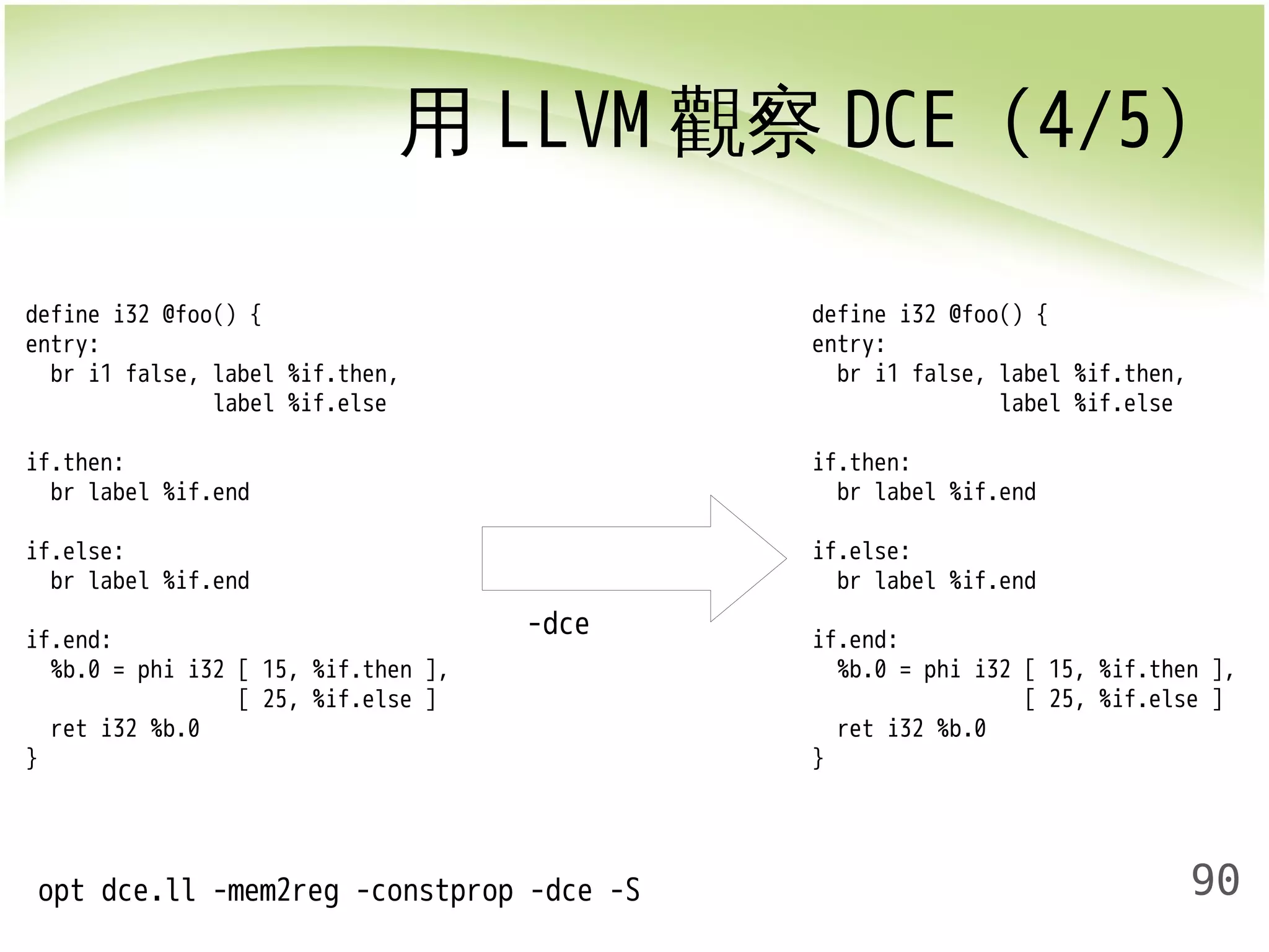 用LLVM觀察DCE (4/5) 
90 
-dce 
define i32 @foo() { 
entry: 
br i1 false, label %if.then, 
label %if.else 
if.then: 
br label %if.end 
if.else: 
br label %if.end 
if.end: 
%b.0 = phi i32 [ 15, %if.then ], 
[ 25, %if.else ] 
ret i32 %b.0 
} 
opt dce.ll -mem2reg -constprop -dce -S 
define i32 @foo() { 
entry: 
br i1 false, label %if.then, 
label %if.else 
if.then: 
br label %if.end 
if.else: 
br label %if.end 
if.end: 
%b.0 = phi i32 [ 15, %if.then ], 
[ 25, %if.else ] 
ret i32 %b.0 
} 
 