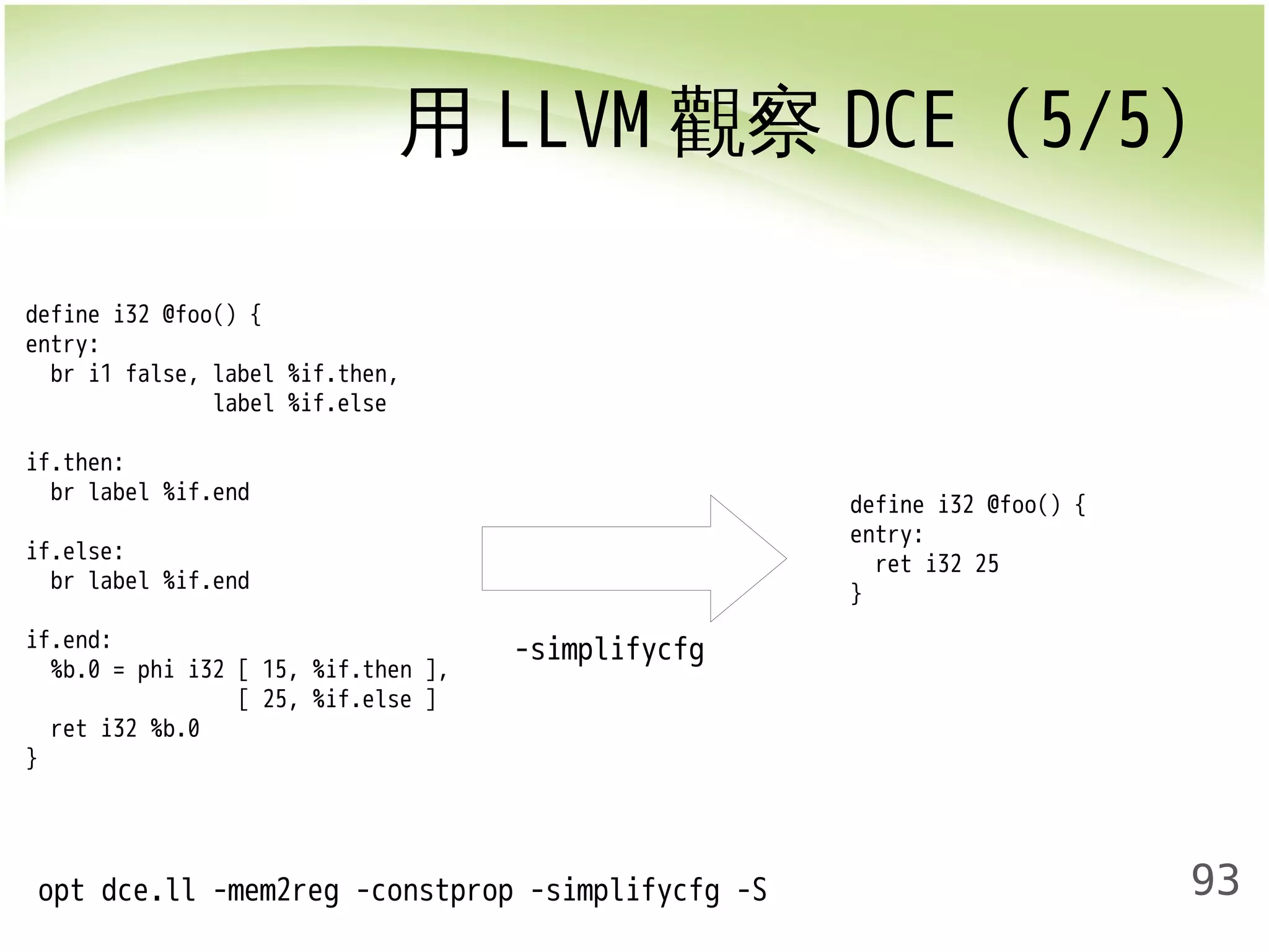用LLVM觀察DCE (5/5) 
93 
-simplifycfg 
define i32 @foo() { 
entry: 
br i1 false, label %if.then, 
label %if.else 
if.then: 
br label %if.end 
if.else: 
br label %if.end 
if.end: 
%b.0 = phi i32 [ 15, %if.then ], 
[ 25, %if.else ] 
ret i32 %b.0 
} 
opt dce.ll -mem2reg -constprop -simplifycfg -S 
define i32 @foo() { 
entry: 
ret i32 25 
} 
 