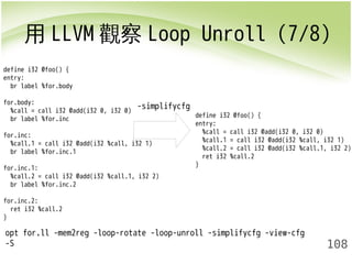 用LLVM觀察Loop Unroll (7/8) 
define i32 @foo() { 
entry: 
%call = call i32 @add(i32 0, i32 0) 
%call.1 = call i32 @add(i32 %call, i32 1) 
%call.2 = call i32 @add(i32 %call.1, i32 2) 
ret i32 %call.2 
} 
108 
define i32 @foo() { 
entry: 
br label %for.body 
for.body: 
%call = call i32 @add(i32 0, i32 0) 
br label %for.inc 
for.inc: 
%call.1 = call i32 @add(i32 %call, i32 1) 
br label %for.inc.1 
for.inc.1: 
%call.2 = call i32 @add(i32 %call.1, i32 2) 
br label %for.inc.2 
for.inc.2: 
ret i32 %call.2 
} 
-simplifycfg 
opt for.ll -mem2reg -loop-rotate -loop-unroll -simplifycfg -view-cfg 
-S 
 