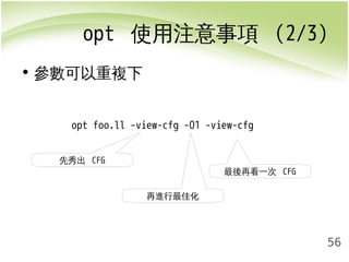 opt 使用注意事項 (2/3) 
56 
• 參數可以重複下 
opt foo.ll -view-cfg -O1 -view-cfg 
先秀出 CFG 
再進行最佳化 
最後再看一次 CFG 
 