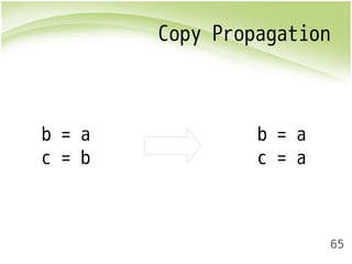 Copy Propagation 
65 
b = a 
c = b 
b = a 
c = a 
 