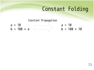 Constant Folding 
71 
a = 10 
b = 100 + a 
a = 10 
b = 100 + 10 
Constant Propagation 
 