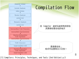 8 
Compilation Flow 
但 Compiler 超好玩超神奇的部份 
其實都在最佳化的地方 
透過最佳化, 
程式可以變得又小又快！ 
[1] Compilers: Principles, Techniques, and Tools (2nd Edition) p.5 
 