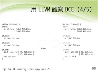 用LLVM觀察DCE (4/5) 
90 
-dce 
define i32 @foo() { 
entry: 
br i1 false, label %if.then, 
label %if.else 
if.then: 
br label %if.end 
if.else: 
br label %if.end 
if.end: 
%b.0 = phi i32 [ 15, %if.then ], 
[ 25, %if.else ] 
ret i32 %b.0 
} 
opt dce.ll -mem2reg -constprop -dce -S 
define i32 @foo() { 
entry: 
br i1 false, label %if.then, 
label %if.else 
if.then: 
br label %if.end 
if.else: 
br label %if.end 
if.end: 
%b.0 = phi i32 [ 15, %if.then ], 
[ 25, %if.else ] 
ret i32 %b.0 
} 
 