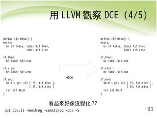 用LLVM觀察DCE (4/5) 
91 
-dce 
define i32 @foo() { 
entry: 
br i1 false, label %if.then, 
label %if.else 
if.then: 
br label %if.end 
if.else: 
br label %if.end 
if.end: 
%b.0 = phi i32 [ 15, %if.then ], 
[ 25, %if.else ] 
ret i32 %b.0 
} 
define i32 @foo() { 
entry: 
br i1 false, label %if.then, 
label %if.else 
if.then: 
br label %if.end 
if.else: 
br label %if.end 
if.end: 
%b.0 = phi i32 [ 15, %if.then ], 
[ 25, %if.else ] 
ret i32 %b.0 
} 
看起來好像沒變化?? 
opt dce.ll -mem2reg -constprop -dce -S 
 