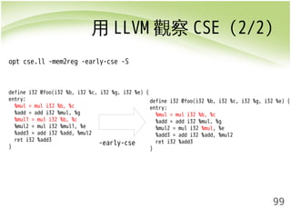 用LLVM觀察CSE (2/2) 
99 
opt cse.ll -mem2reg -early-cse -S 
define i32 @foo(i32 %b, i32 %c, i32 %g, i32 %e) { 
entry: 
%mul = mul i32 %b, %c 
%add = add i32 %mul, %g 
%mul1 = mul i32 %b, %c 
%mul2 = mul i32 %mul1, %e 
%add3 = add i32 %add, %mul2 
ret i32 %add3 
} 
define i32 @foo(i32 %b, i32 %c, i32 %g, i32 %e) { 
entry: 
%mul = mul i32 %b, %c 
%add = add i32 %mul, %g 
%mul2 = mul i32 %mul, %e 
%add3 = add i32 %add, %mul2 
ret i32 %add3 
} 
-early-cse 
 