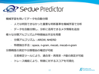機械学習を⽤用いてデータを⾃自動分類
-  ⼈人では判別できなかった重要な判断基準を機械学習で分析
-  データを⾃自動分類し、分析に活⽤用できるメタ情報を追加
様々な分類アルゴリズムや特徴抽出⼿手法を⽤用意
-  分類アルゴリズム：AROW, NHERD
-  特徴抽出⼿手法：space, n-gram, mecab, mecab-n-gram
分類精度度の測定や分類理理由の確認が可能
-  交差検定ツールにより、適合率率率・再現率率率・F値の測定が可能
-  トレース機能により、特徴に対するスコアを可視化
13
 