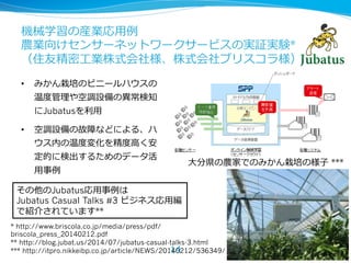 機械学習の産業応⽤用例例
農業向けセンサーネットワークサービスの実証実験*
（住友精密⼯工業株式会社様、株式会社ブリスコラ様）
•  みかん栽培のビニールハウスの
温度度管理理や空調設備の異異常検知
にJubatusを利利⽤用
•  空調設備の故障などによる、ハ
ウス内の温度度変化を精度度⾼高く安
定的に検出するためのデータ活
⽤用事例例
⼤大分県の農家でのみかん栽培の様⼦子 ***
その他のJubatus応⽤用事例例は
Jubatus Casual Talks #3 ビジネス応⽤用編
で紹介されています**
14
* http://www.briscola.co.jp/media/press/pdf/
briscola_press_20140212.pdf
** http://blog.jubat.us/2014/07/jubatus-casual-talks-3.html
*** http://itpro.nikkeibp.co.jp/article/NEWS/20140212/536349/
 
