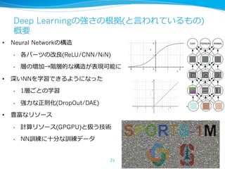 Deep Learningの強さの根拠(と⾔言われているもの)
概要
•  Neural Networkの構造
•  各パーツの改良良(ReLU/CNN/NiN)
•  層の増加→階層的な構造が表現可能に
•  深いNNを学習できるようになった
•  1層ごとの学習
•  強⼒力力な正則化(DropOut/DAE)
•  豊富なリソース
•  計算リソース(GPGPU)と扱う技術
•  NN訓練に⼗十分な訓練データ
21
 