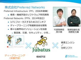 株式会社Preferred Networks
Preferred Infrastructure（PFI、2006年年創業）
l  検索索・機械学習のソフトウェア研究開発
Preferred Networks（PFN、2014年年設⽴立立）
l  IoTにフォーカスするためスピンオフ
l  ディープラーニング等最新技術を開発
l  様々な業界向けソリューションを加速
l  製造業、交通、セキュリティ、⼩小売…
代表取締役
⻄西川徹
取締役副社⻑⾧長
岡野原⼤大輔
機械学習
ディープラーニング
（深層学習）
検索索エンジン
／
分析ソフト
3
 