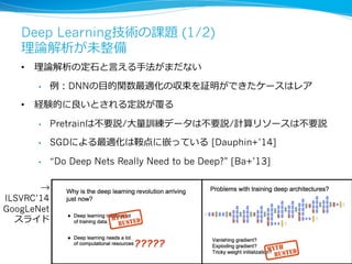 30
Deep Learning技術の課題 (1/2)
理理論論解析が未整備
•  理理論論解析の定⽯石と⾔言える⼿手法がまだない
•  例例：DNNの⽬目的関数最適化の収束を証明ができたケースはレア
•  経験的に良良いとされる定説が覆る
•  Pretrainは不不要説/⼤大量量訓練データは不不要説/計算リソースは不不要説
•  SGDによる最適化は鞍点に嵌っている  [Dauphin+’14]
•  “Do Deep Nets Really Need to be Deep?” [Ba+’13]
→
ILSVRC’14
GoogLeNet
スライド
 